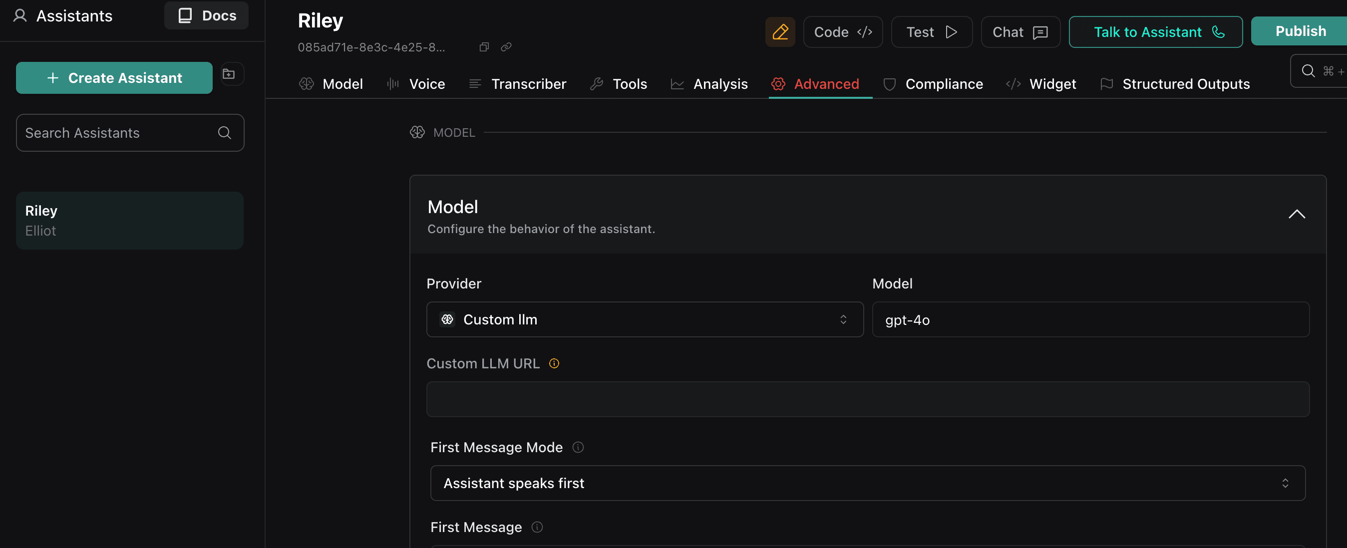 Vapi LLM configuration